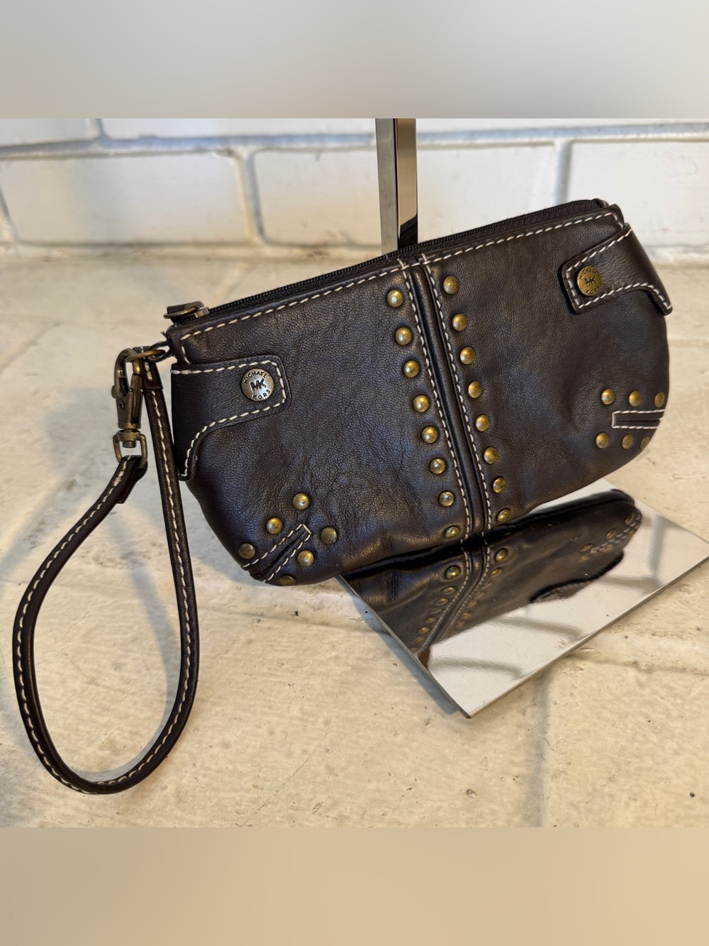 Michael Kors Vintage Studded Brown Leather Wristlet Clutch